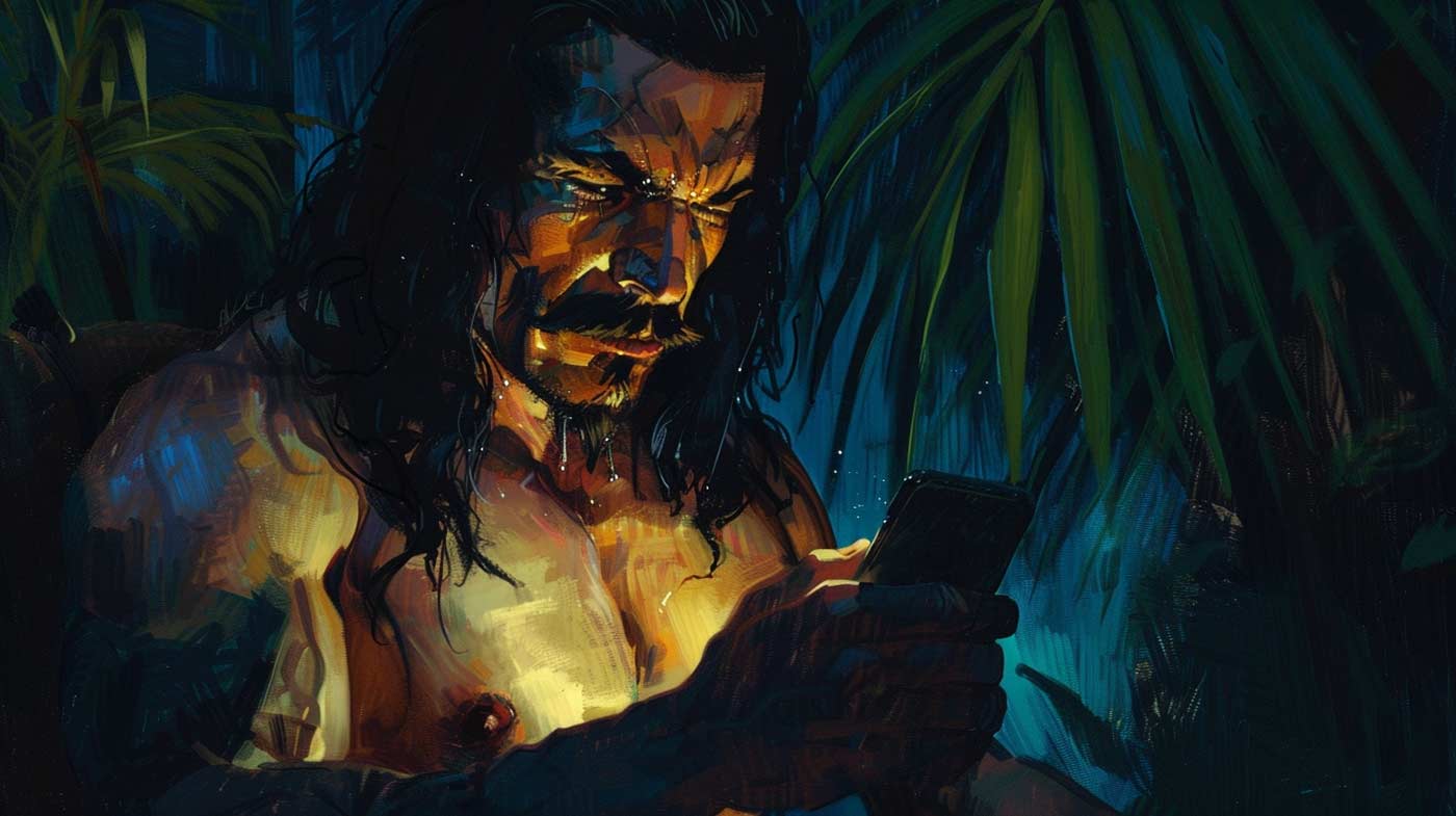 Digital painting of a barbarian man using an app to track his calories.